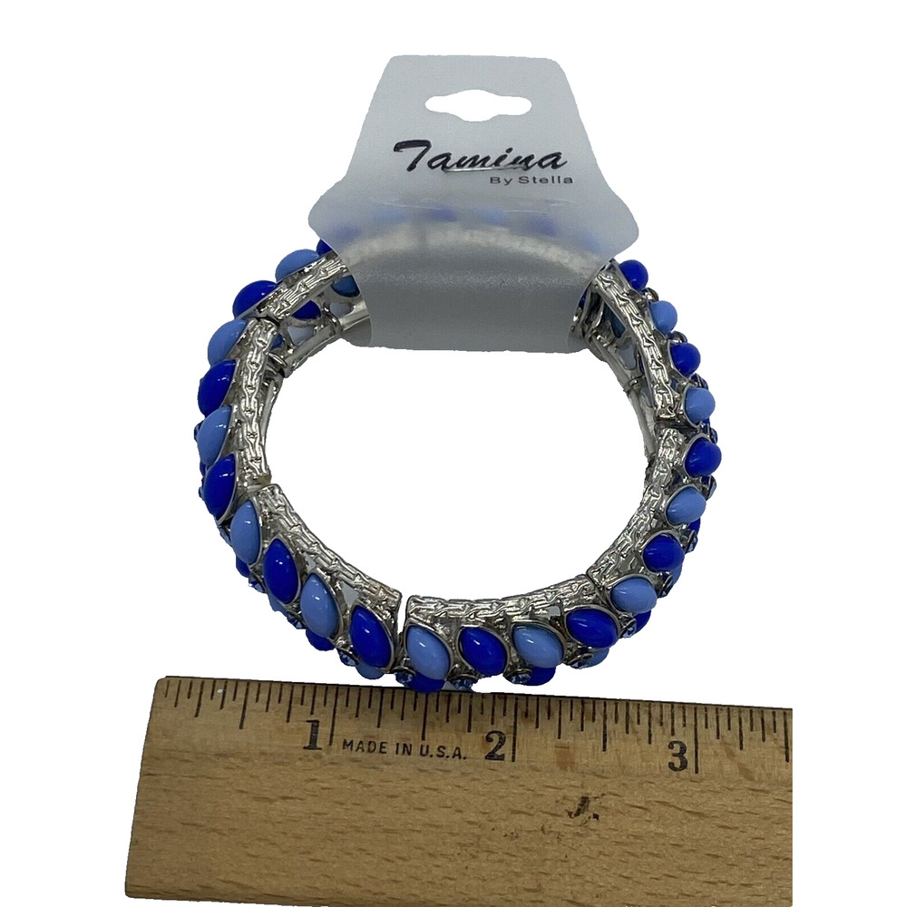 Tamina by Stella French Blue/Cobalt Blue Beaded 3" Stretch Bracelet Silver Band - Picture 8 of 10
